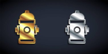 Altın ve gümüş yangın musluğu simgesi siyah arka planda izole edildi. Uzun gölge tarzı. Vektör