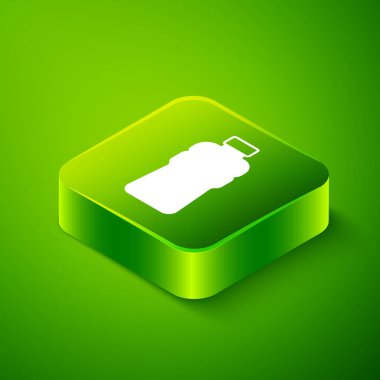 Yeşil arka planda izole edilmiş Isome şişe su ikonu. Soda su içme tabelası. Yeşil kare düğmesi. Vektör