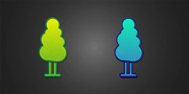 Siyah arkaplanda yeşil ve mavi ağaç simgesi var. Orman sembolü. Vektör