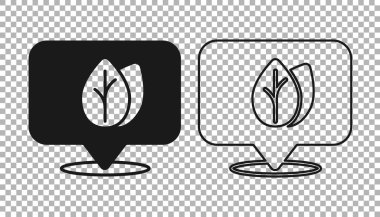 Şeffaf arkaplanda yaprak olan siyah lokasyon iğnesi. İşaret bırakıyor. Taze doğal ürün sembolü. Vektör