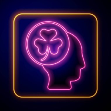 Siyah arka planda izole edilmiş yonca folyo yaprağı ikonu ile parlayan neon insan kafası. Aziz Patrick gününüz kutlu olsun. Ulusal İrlanda bayramı. Vektör