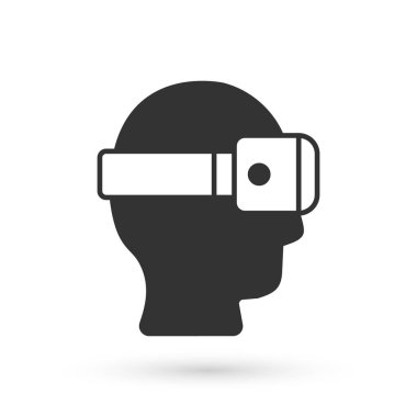 Beyaz arka planda izole edilmiş gri sanal gerçeklik gözlüğü simgesi. Stereoskopik 3D VR maskesi. Optik baş monte edildi. Vektör