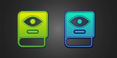 Siyah arka planda izole edilmiş yeşil ve mavi Eskiler 'in simyadaki tarifleri, mistik büyüleri ve büyüleri içeren sihirli kitabı. Vektör