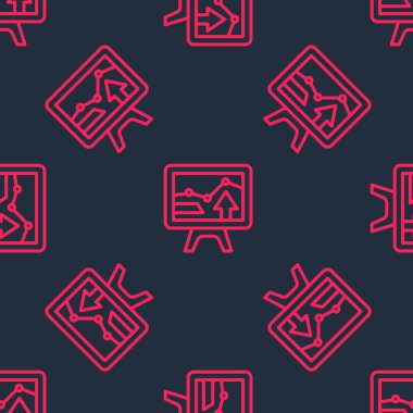 Grafik çizelgesi simgesi olan kırmızı çizgi bilgisayar monitörü siyah arkaplanda izole edilmiş kusursuz desen. Metin dosya simgesini rapor et. Muhasebe tabelası. Denetim, analiz, planlama. Vektör