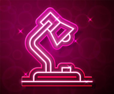 Parlayan neon çizgisi masa lambası simgesi kırmızı arkaplanda izole edildi. Vektör