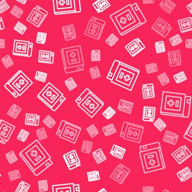 Matematik ikonuna sahip beyaz çizgi kitabı kırmızı arkaplanda izole edilmiş kusursuz desen. Matematik kitabı. Okula geri dönmekle ilgili eğitim konsepti. Vektör