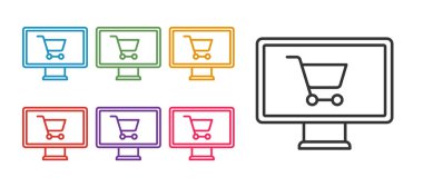 Hat alışveriş arabasını beyaz arkaplanda izole edilmiş monitör simgesine ayarla. Konsept e-ticaret, e-ticaret, online iş pazarlama. Simgeleri renklendirin. Vektör