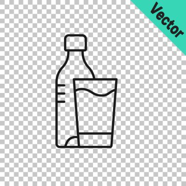 Şeffaf arka planda izole edilmiş cam ikonlu siyah bir şişe su. Soda su içme tabelası. Vektör