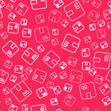 Beyaz çizgi karton kutu simgesi kırmızı arkaplanda izole edilmiş kusursuz desen. Kutu, paket, paket işareti. Teslimat ve ambalaj. Vektör