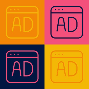 Pop sanat çizgisi reklam simgesi renk arkaplanında izole edildi. Pazarlama ve tanıtım süreci kavramı. İlgili reklamlar. Sosyal medya reklamcılığı. Vektör