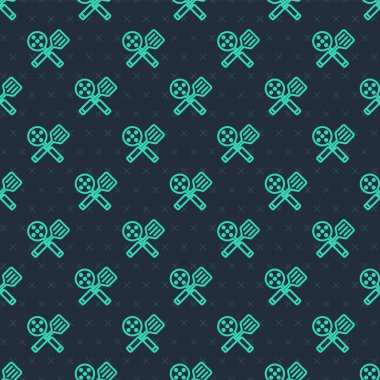 Yeşil çizgi Spatula simgesi mavi arkaplandaki kusursuz deseni izole etti. Mutfak spatula ikonu. Barbekü spatula işareti. Barbekü ve ızgara aleti. Vektör