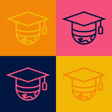 Dünya ikonundaki pop sanat serisi mezuniyet kapağı renk arkaplanında izole edilmiş. Dünya eğitim sembolü. Çevrimiçi öğrenme ya da e-öğrenme kavramı. Vektör