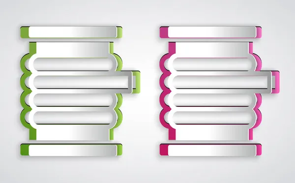 Papiergeschnittenes Stromkabel auf einer Rolle oder einem Trommelsymbol isoliert auf grauem Hintergrund. Papierkunst. Vektor — Stockvektor