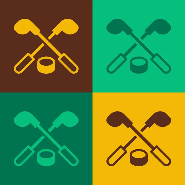 Pop Art Eishockeyschläger und Pucksymbol isoliert auf farbigem Hintergrund. Spielbeginn. Vektor — Stockvektor
