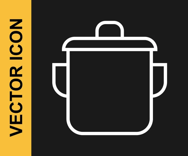 Witte lijn Koken pot pictogram geïsoleerd op zwarte achtergrond. Kook of stoofpot voedsel symbool. Vector — Stockvector