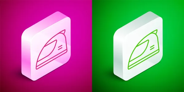 Isometric line Racing helmet icon isolated on pink and green background. Silver square button. Vector — Stock Vector