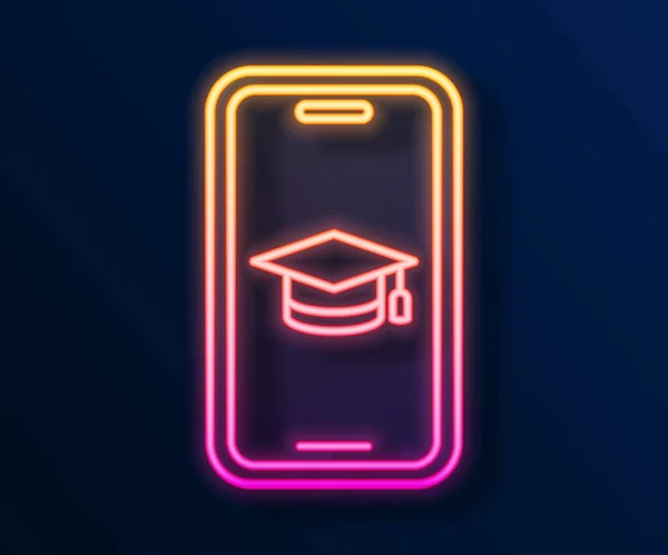 Lumineux néon ligne Graduation cap sur écran icône smartphone isolé sur fond noir. Concept d'apprentissage en ligne ou d'apprentissage en ligne. Vecteur — Image vectorielle