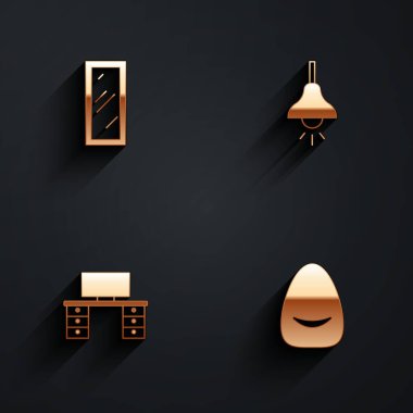 Büyük boy ayna, lamba asma, ofis masası ve uzun gölgeli Pouf simgesi ayarla. Vektör