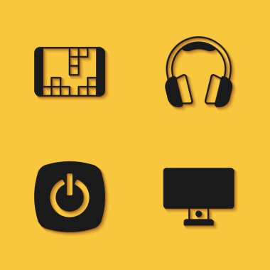Taşınabilir oyun konsolunu, bilgisayar monitörünü, güç düğmesini ve uzun gölgeli kulaklık simgesini ayarla. Vektör