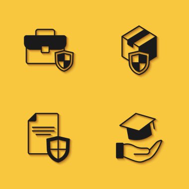 Kalkanlı çanta, Eğitim bursu, Kontrat ve Teslimat güvenlik simgesini uzun gölgeli ayarla. Vektör