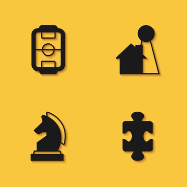 Masa futbolu, yapboz parçaları oyuncakları, masa oyunu ikonu için uzun gölgeli Satranç ve Chip. Vektör