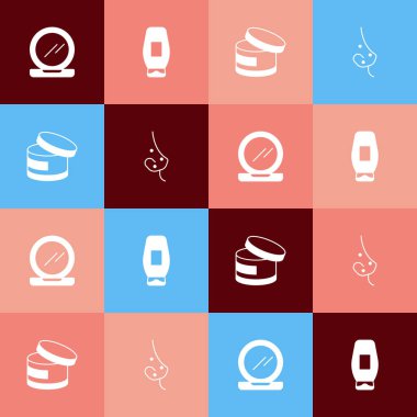 Pop sanat makyaj tozunu aynayla, bir şişe şampuan, krem losyon kozmetik tüpü ve akne ikonu ile ayarla. Vektör