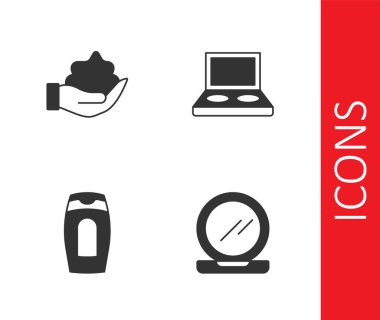 Makyaj tozunu aynayla, tıraş köpüğüyle, şampuan şişesiyle ve göz gölgesi fırçası ikonuyla ayarla. Vektör