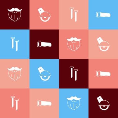 Pop sanat eserleri, bıyık ve sakal, elektrikli testere, metal tırnaklar ve el ikonu. Vektör