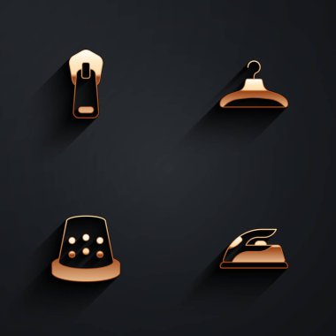 Zipper, Hanger gardırobu dikiş dikmek için Thimble ve uzun gölgeli elektrikli demir ikon. Vektör