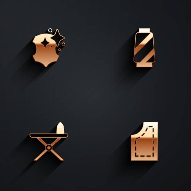 Deri, dikiş ipliği, elektrikli ütü, ütü masası ve uzun gölgeli kalıp simgesi. Vektör