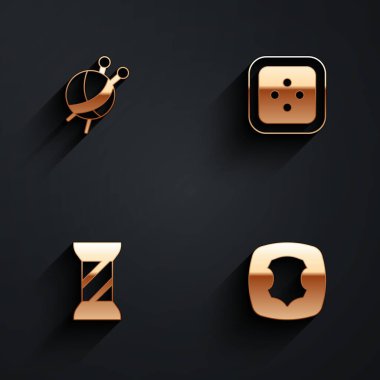 Örgü iğneli iplik topu, elbise dikme düğmesi, iplik makarası ve uzun gölgeli deri simgesi. Vektör