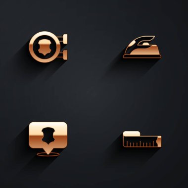 Deri, elektrikli ütü ve uzun gölgeli mezura simgesini ayarla. Vektör