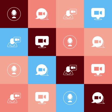 Pop sanat mikrofonunu, görüntülü sohbet konferansını ve ikonu ayarla. Vektör