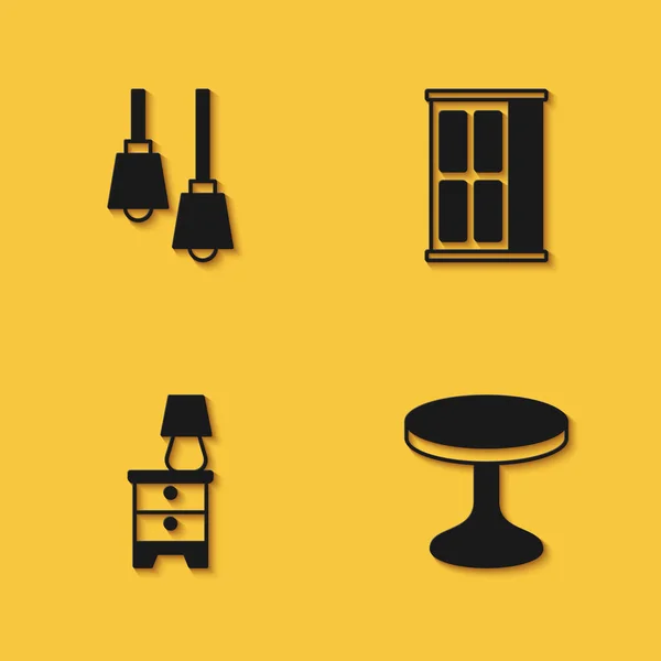 Set Lámpara colgante, Mesa redonda, Muebles de mesa de noche con lámpara y armario icono con sombra larga. Vector — Archivo Imágenes Vectoriales