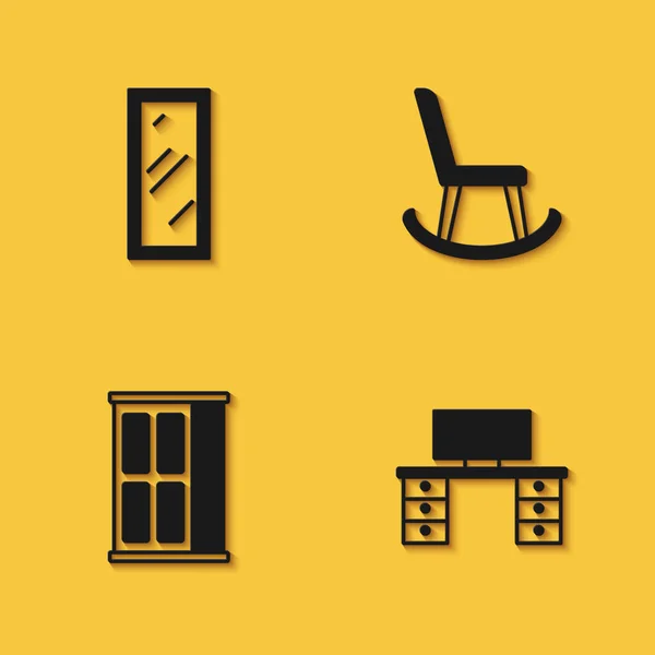 Set Big Ganzkörperspiegel, Schreibtisch, Kleiderschrank und Sessel-Symbol mit langem Schatten. Vektor — Stockvektor