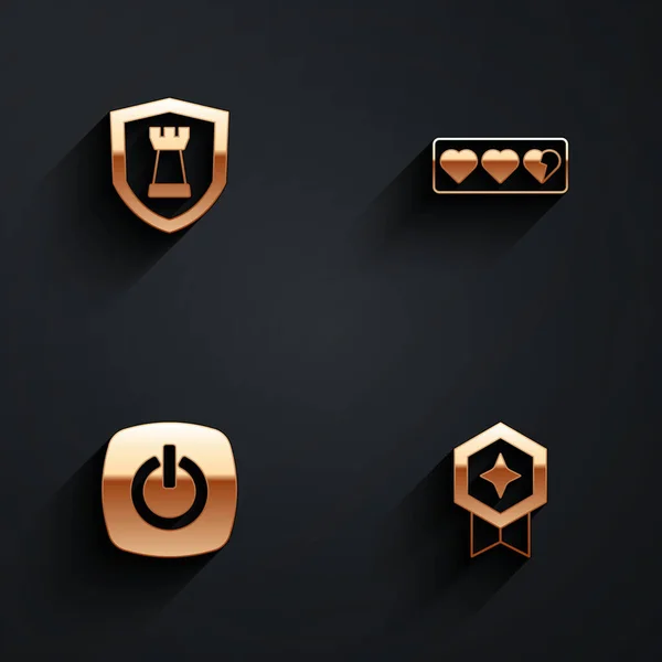 Schaken schild, Game life bar, Power knop en waardering met medaille pictogram met lange schaduw. Vector — Stockvector