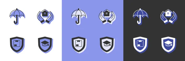 Set Gorra de graduación con escudo, paraguas, entrega de seguridad e icono de la casa en la mano. Vector — Vector de stock