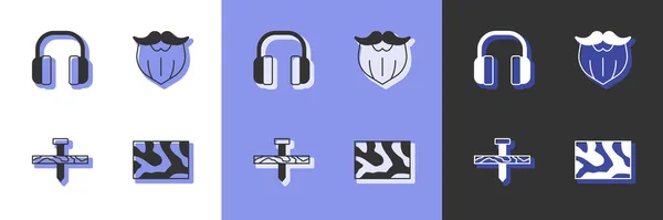 Set Poutre en bois, casque, ongles métalliques et icône de moustache et de barbe. Vecteur — Image vectorielle