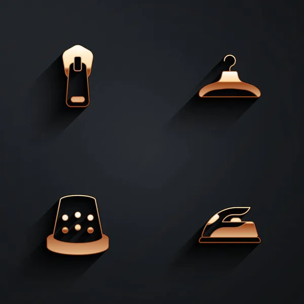 Set Reißverschluss, Kleiderschrank, Fingerhut zum Nähen und elektrisches Eisen-Symbol mit langem Schatten. Vektor — Stockvektor