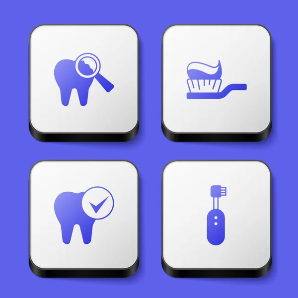Definir dente quebrado, escova de dentes com pasta de dentes, e ícone escova de dentes elétrica. Botão quadrado branco. Vetor — Vetor de Stock