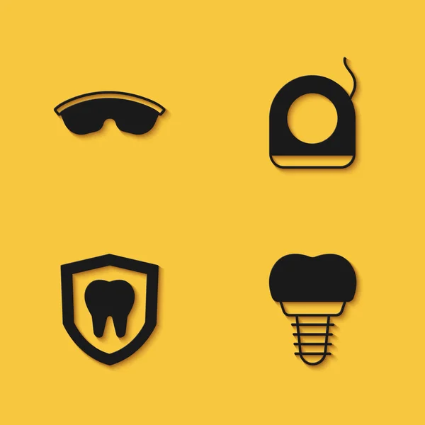 Set Schutzbrille Brille, Zahnimplantat, Schutz und Zahnseide Symbol mit langem Schatten. Vektor — Stockvektor