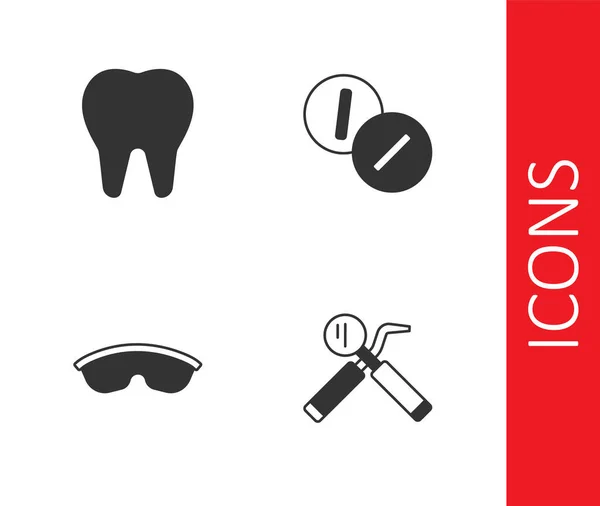 Установите Зеркало и зонд, Зуб, защитные очки и значок обезболивающего средства зубной боли. Вектор — стоковый вектор