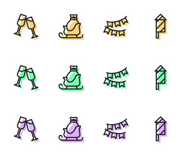 Bayraklı karnaval çelengi, bir kadeh şampanya, Noel Baba kızağı ve havai fişek ikonu. Vektör