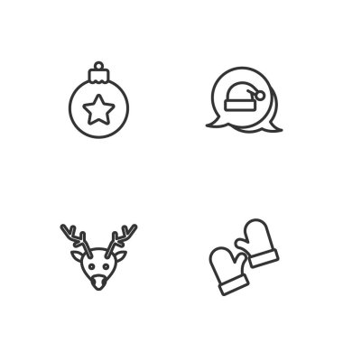 Sıra dizilmiş Noel eldivenleri, ren geyikleri, top ve Noel Baba şapkası ikonu. Vektör