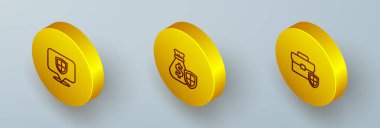 Isometric hattı konum kalkanını, para çantasını ve evrak çantası simgesini ayarla. Vektör