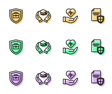 Hat hayat sigortasını, rozetli evrak çantasını, eğitim ödeneğini ve sözleşme simgesini ayarlayın. Vektör