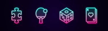 Çizgiyi belirle. Oyuncak, raket, zar oyunu ve iskambil kağıdı. Parlayan neon ikonu. Vektör