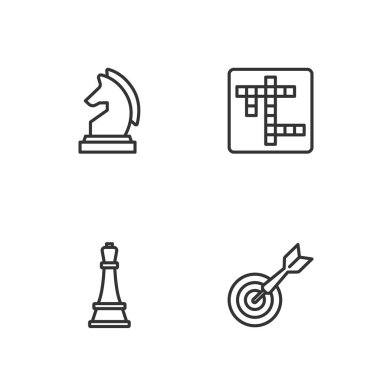 Klasik dart tahtası ve ok, satranç ve çapraz bulmaca simgesini ayarla. Vektör