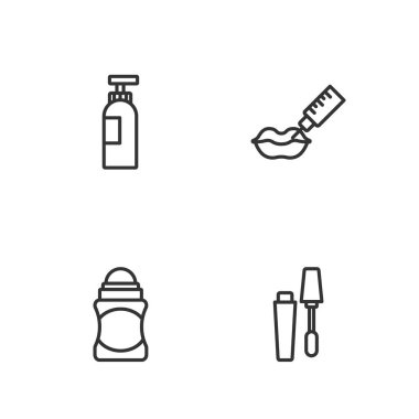 Mascara fırçası, deodorant rulosu, şampuan şişesi ve dudak büyütme ikonu. Vektör