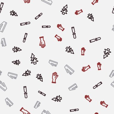 Hat ağacı, keski aleti, ahşap uçak ve koruyucu eldivenleri kusursuz desenlere ayarlayın. Vektör